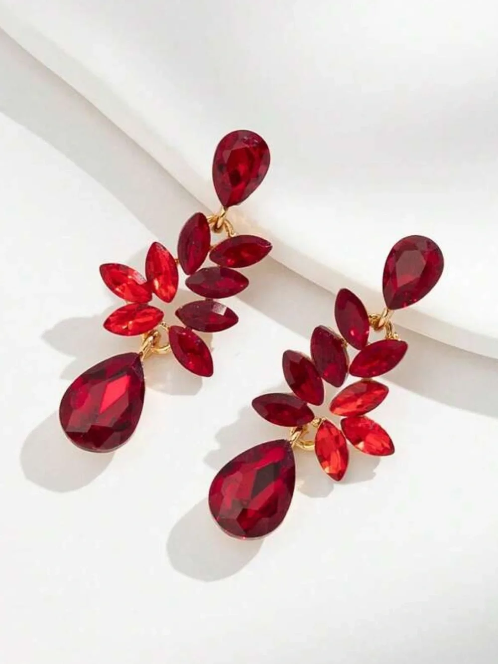 Elegant Burgundy Teardrop Crystal Leaf Earrings